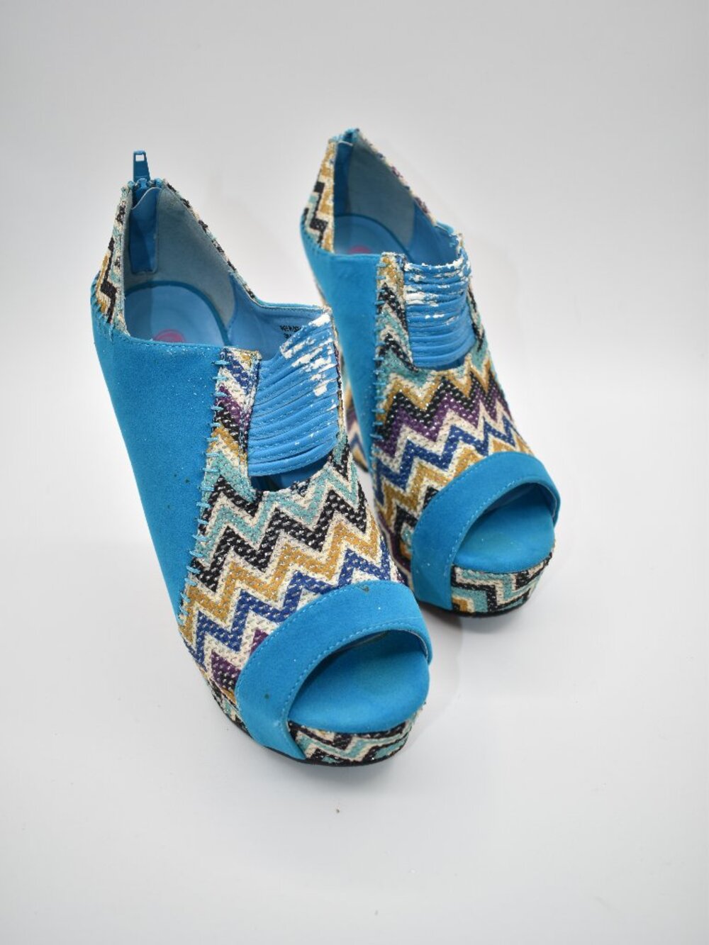 Women’s Size 8 Teal Chevron Glitter Like Platform Wedge Heels Peep Toe Y2K